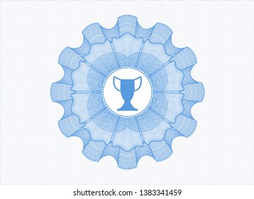 Light blue passport money rosette with trophy icon inside