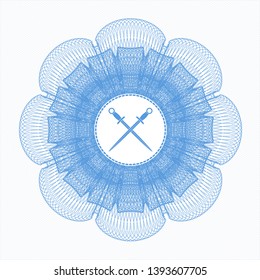 Light blue passport money rosette with crossed swords icon inside