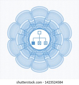 Light blue passport money rosette with flowchart icon inside