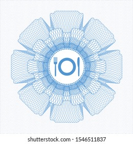 Light blue passport money rosette with restaurant icon inside