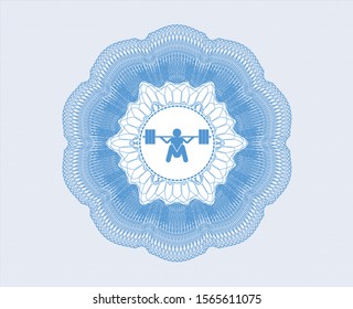 Light blue passport money rosette with deep squat icon inside