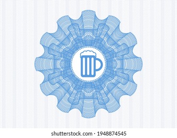 Light blue passport money rosette. with beer jar icon inside