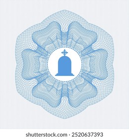 Light blue passport money rosette. with tombstone icon inside