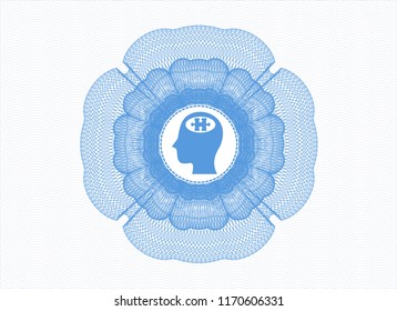 Light blue passport money rossete with head with jigsaw puzzle piece icon inside
