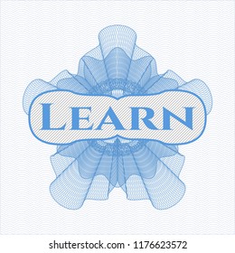 Light blue passport money rossete with text Learn inside