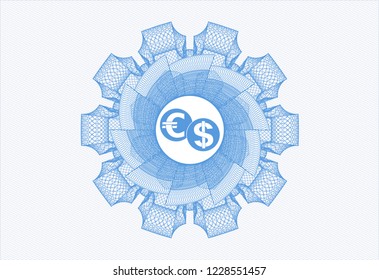 Light blue passport money rossete with currency exchange icon inside