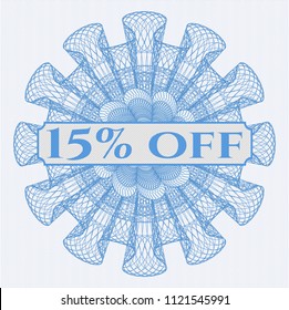 Light blue passport money style rossete with text 15% off inside