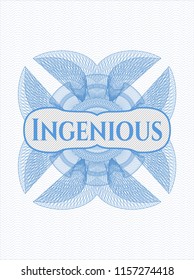 Light blue passport money style rossete with text Ingenious inside