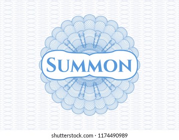 Light blue passport money style rossete with text Summon inside