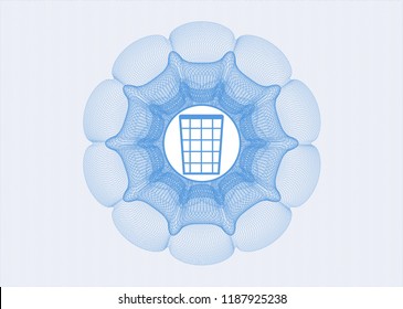 Light blue passport money style rossete with wastepaper basket icon inside