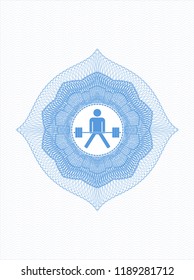 Light blue passport money style rossete with sumo deadlift icon inside