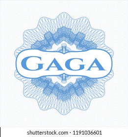 Light blue passport money style rossete with text Gaga inside