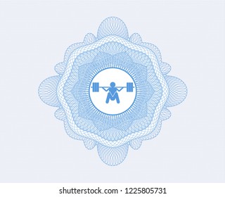 Light blue passport money style rossete with deep squat icon inside