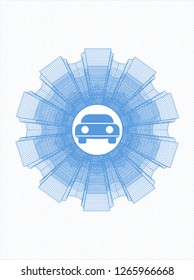 Light blue passport money style rosette with car seen from front icon inside