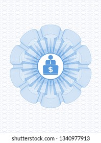 Light blue passport money style rosette with man working on computer icon inside