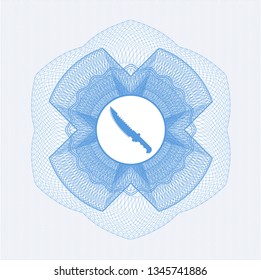 Light blue passport money style rosette with combat knife icon inside