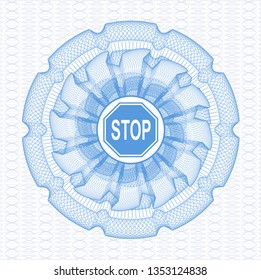 Light blue passport money style rosette with stop icon inside