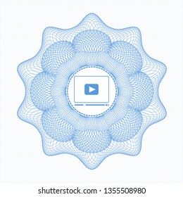 Light blue passport money style rosette with video player icon inside
