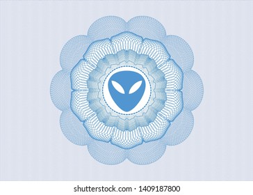 Light blue passport money style rosette with alien icon inside
