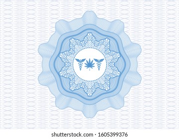 Light blue passport money style rosette with medicinal weed icon inside