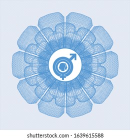 Light blue passport money style rosette with gender dysphoria icon inside