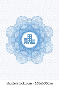 Light blue passport rosette with buildings icon inside