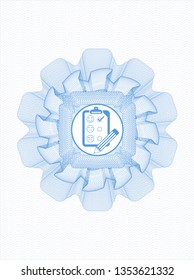 Light blue passport rosette with customer feedback icon inside