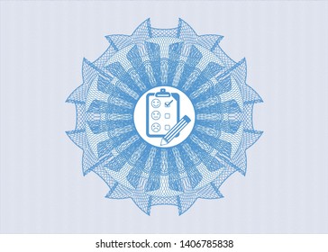 Light blue passport rosette with customer feedback icon inside