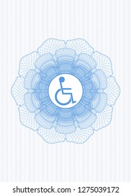 Light blue passport rosette with disabled (wheelchair) icon inside