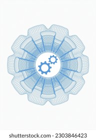 Light blue passport rosette. with gear, team work icon inside