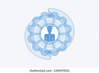 Light blue passport rosette with graduated icon inside