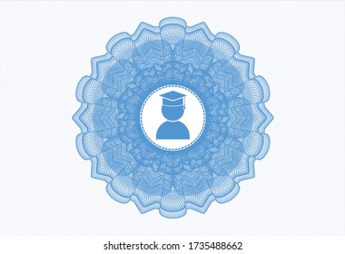 Light blue passport rosette. with graduation icon inside
