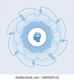 Light blue passport rosette with head with gears inside icon inside
