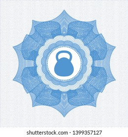 Light blue passport rosette with kettlebell icon inside