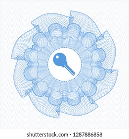 Light blue passport rosette with key icon inside
