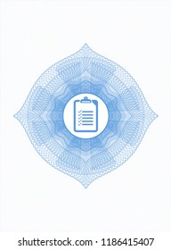 Light blue passport rosette with list icon inside