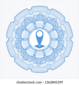 Light blue passport rosette with map pointer icon inside