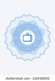 Light blue passport rosette with old tv, television icon inside