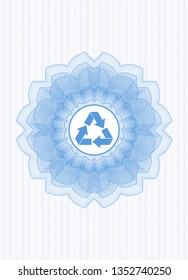 Light blue passport rosette with recycle icon inside