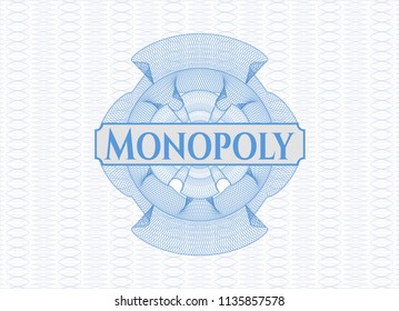 Light blue passport rosette with text Monopoly inside