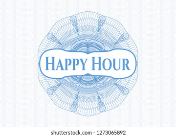 Light blue passport rosette with text Happy Hour inside
