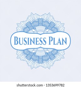 Light blue passport rosette with text Business Plan inside