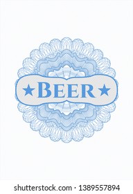 Light blue passport rosette with text Beer inside