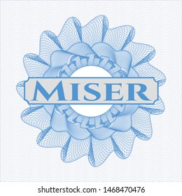 Light blue passport rosette with text Miser inside