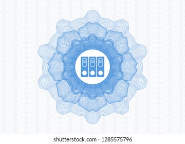 Light blue passport rosette with three folders icon inside