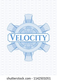 Light blue passport style rosette with text Velocity inside