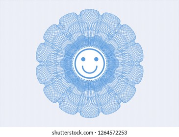 Light blue passport style rosette with happy face icon inside
