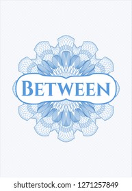 Light blue passport style rosette with text Between inside