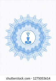 Light blue passport style rosette with business idea icon inside