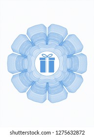 Light blue passport style rosette with gift box icon inside